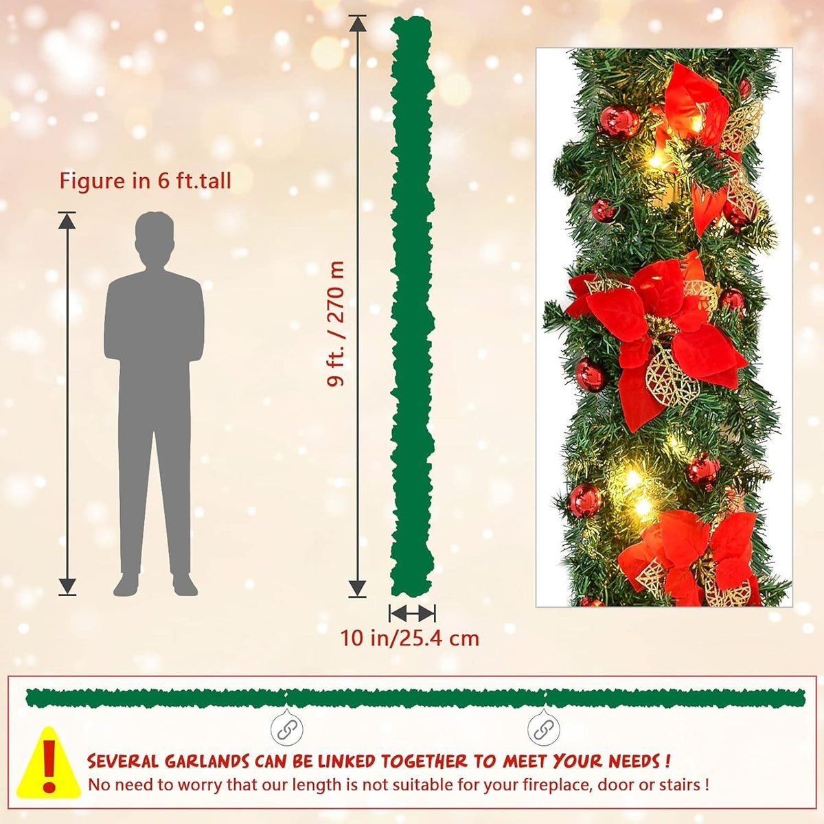 9ft gold decorated Christmas garland – image 4