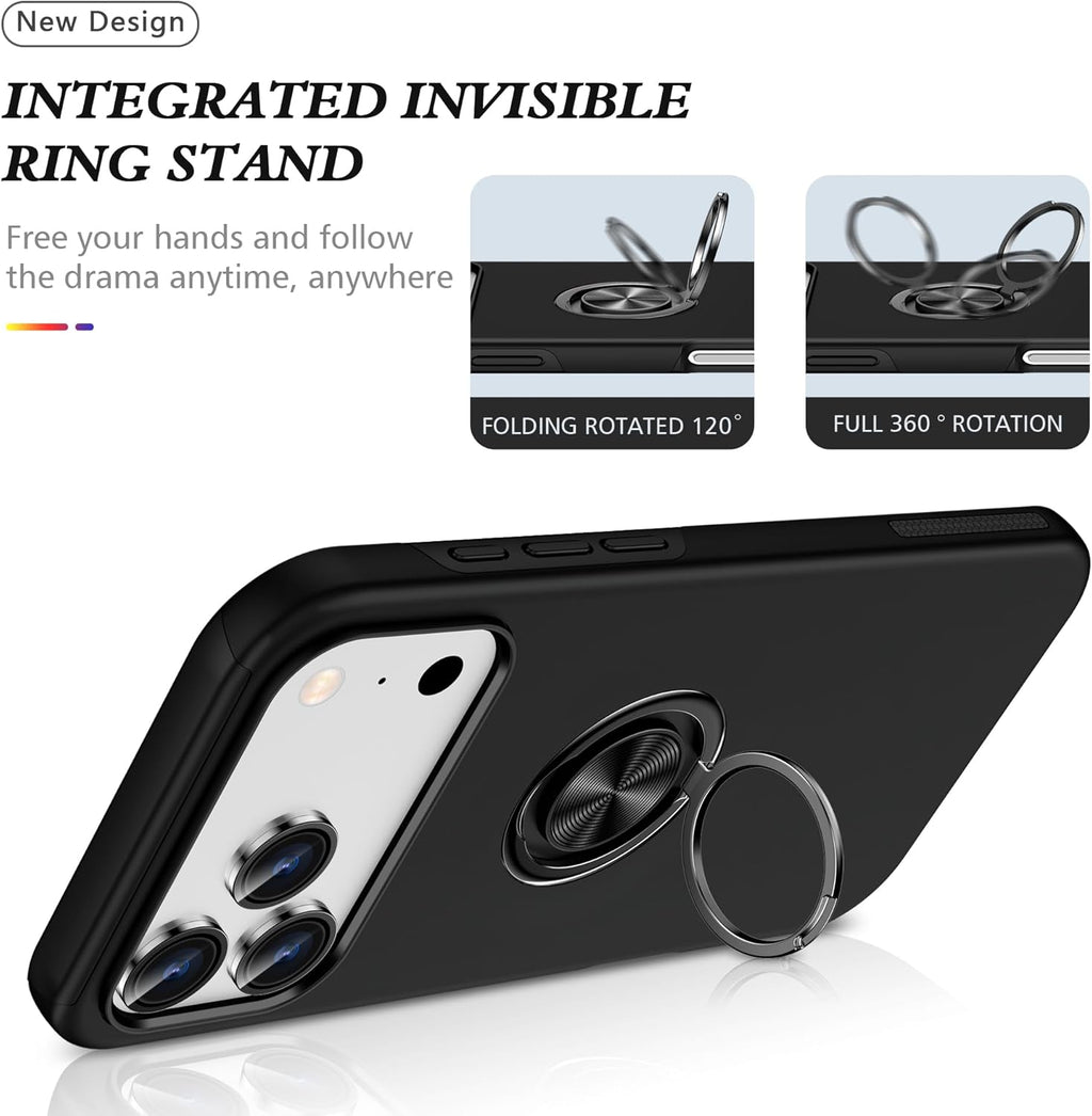 360° Rotation Magnetic Metal Finger Ring Holder Case for iPhone 17 / 17 Air / 17 Pro / 17 Pro Max – Shockproof Hard Cover with Camera Protection, Glossy Anti-Fingerprint Finish – Black