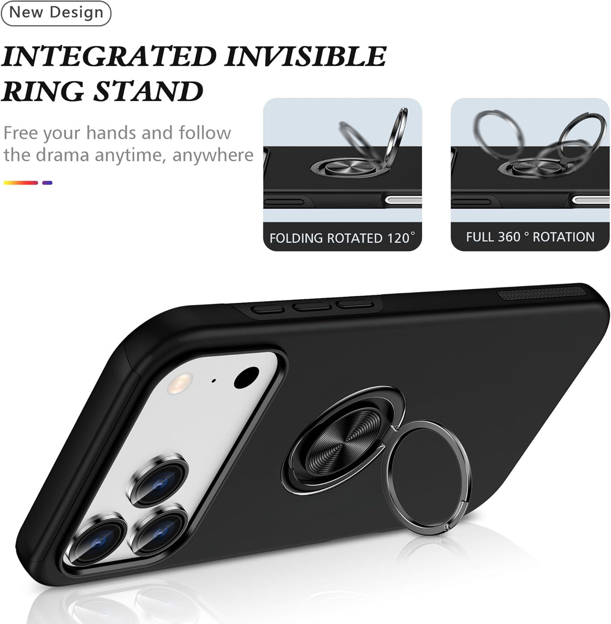 360° Rotation Magnetic Metal Finger Ring Holder Case for iPhone 17 / 17 Air / 17 Pro / 17 Pro Max – Shockproof Hard Cover with Camera Protection, Glossy Anti-Fingerprint Finish – Black