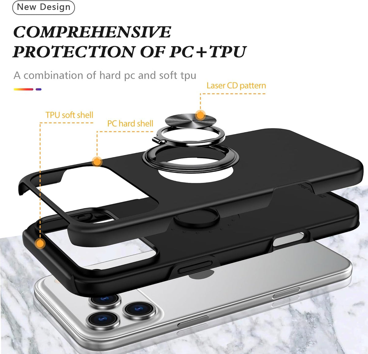 360° Rotation Magnetic Metal Finger Ring Holder Case for iPhone 17 / 17 Air / 17 Pro / 17 Pro Max – Shockproof Hard Cover with Camera Protection, Glossy Anti-Fingerprint Finish – Black