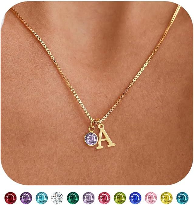 Initial & Birthstone Necklace – 14K Gold-Plated Letter Pendant