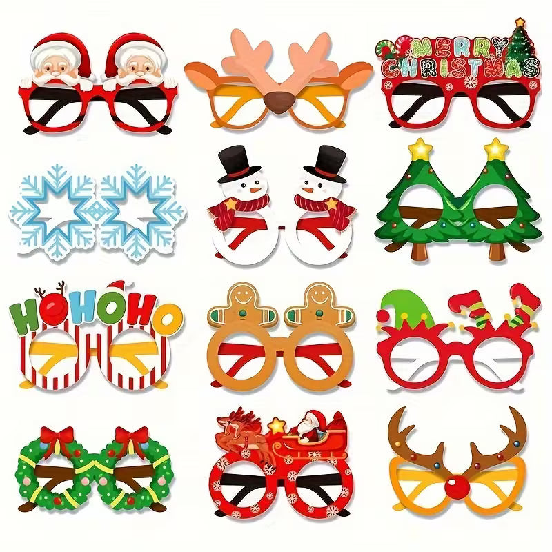 Christmas Party Glasses – 12 Pack Santa, Snowflake & Reindeer Props