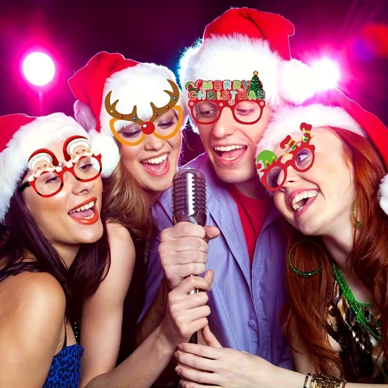 Christmas Party Glasses – 12 Pack Santa, Snowflake & Reindeer Props