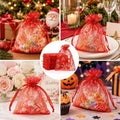 Red Organza Gift Bags – Pack of 10 with Gold Snowflake Drawstring