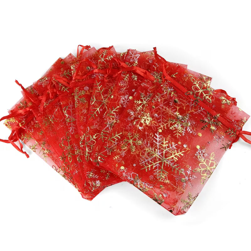 Red Organza Gift Bags – Pack of 10 with Gold Snowflake Drawstring