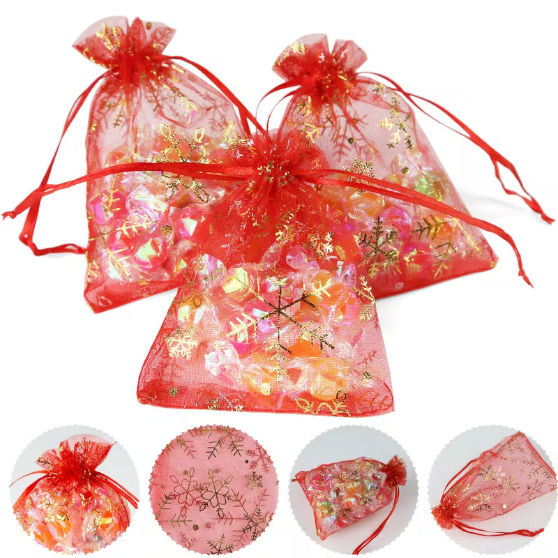 Red Organza Gift Bags – Pack of 10 with Gold Snowflake Drawstring