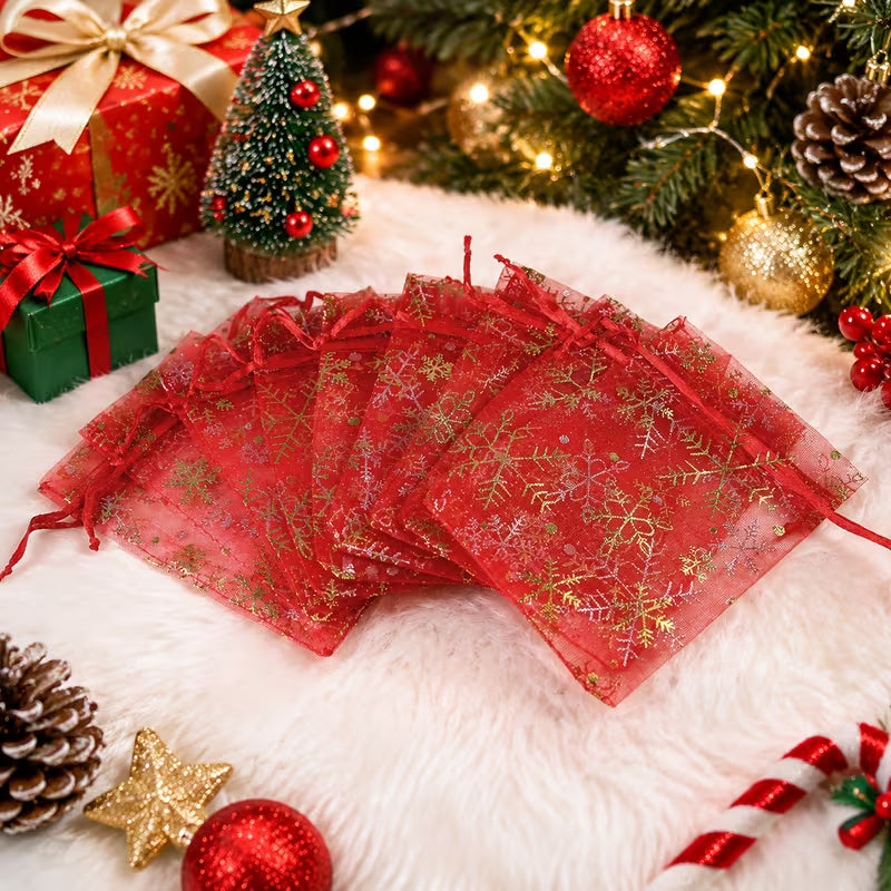 Red Organza Gift Bags – Pack of 10 with Gold Snowflake Drawstring