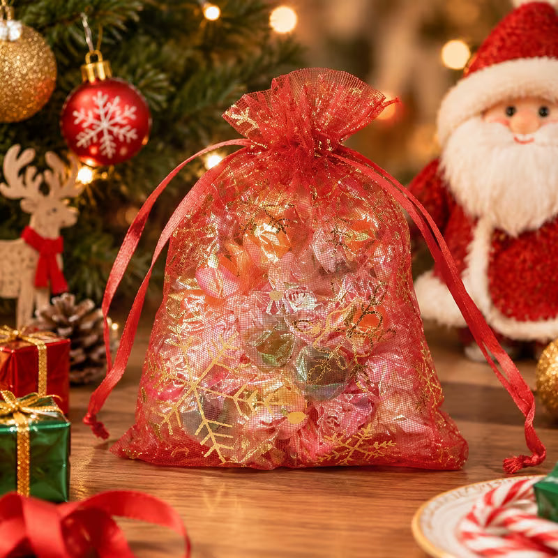 Red Organza Gift Bags – Pack of 10 with Gold Snowflake Drawstring