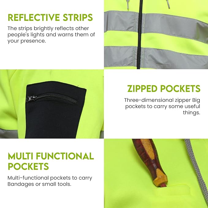 Hi Vis Zip-Up Hoodie – Reflective Tape, Orange or Green – image 3