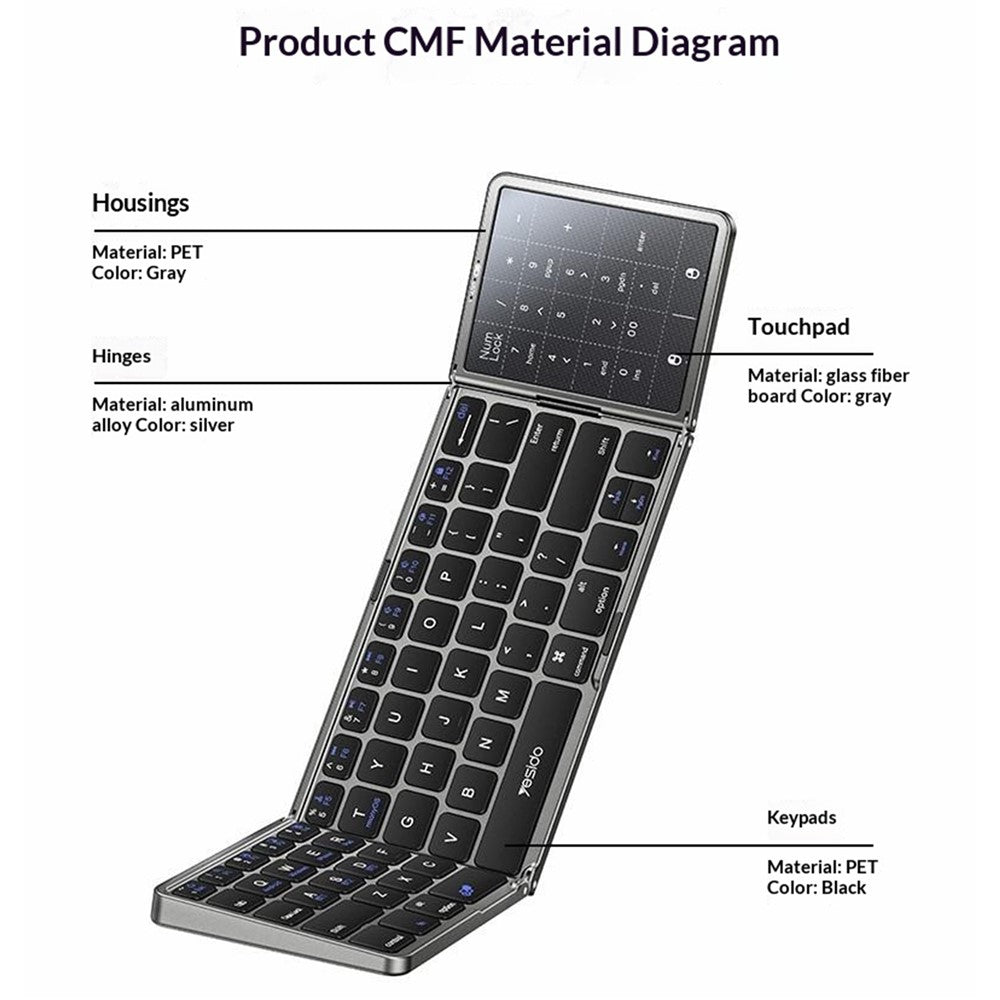 YESIDO KB49 Tri-Fold Wireless Keyboard with Touchpad & – image 9