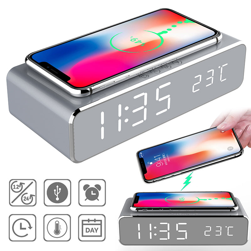 LED Mirror Alarm Clock with Wireless Charger & Thermometer
