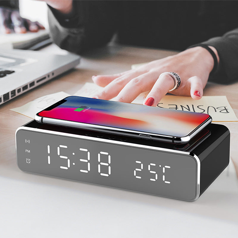 LED Mirror Alarm Clock with Wireless Charger & Thermometer – image 2