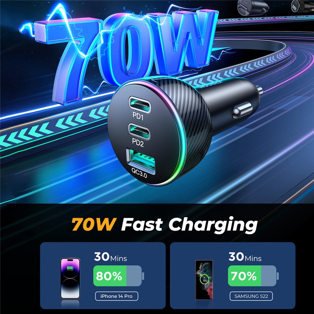 JOYROOM JR-CL26 70W 3-Port Car Charger – image 2