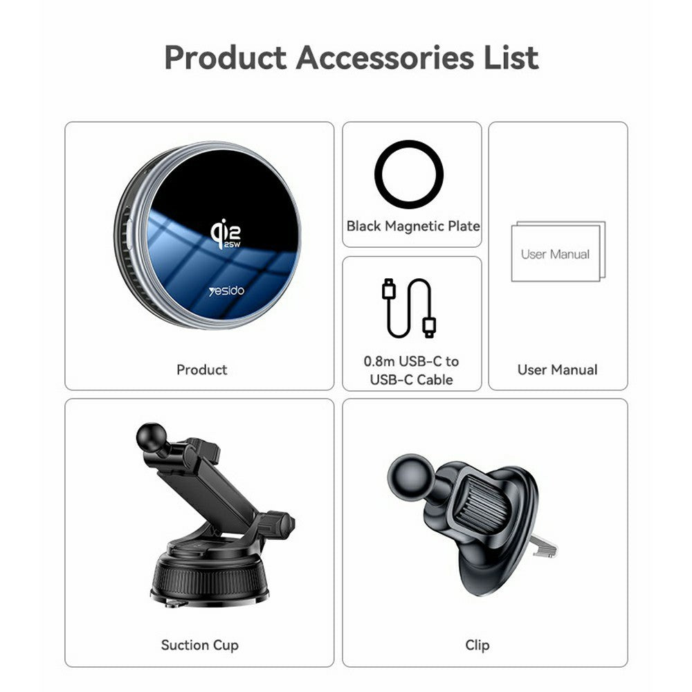 YESIDO Qi2 25W Magnetic Wireless Car Charger Mount with Cooling Fan