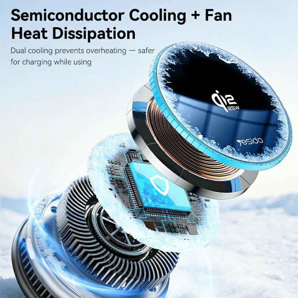 YESIDO Qi2 25W Magnetic Wireless Car Charger Mount with Cooling Fan