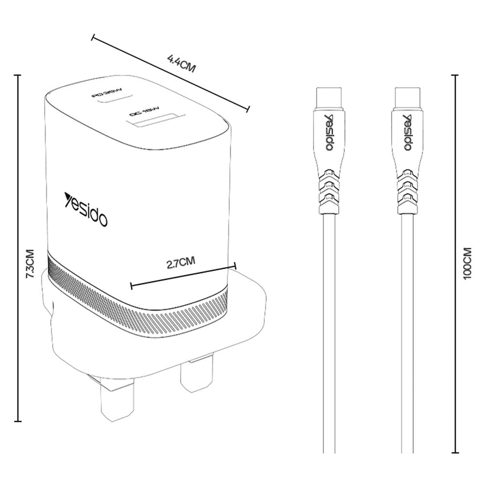 YESIDO 35W USB-C + USB-A UK Plug Fast Charger with 1m USB-C Cable