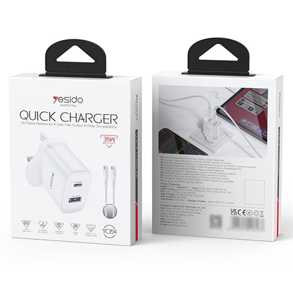 YESIDO 35W USB-C + USB-A UK Plug Fast Charger with 1m USB-C Cable