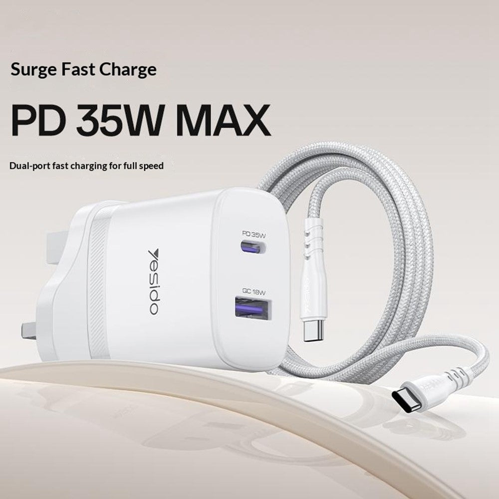 YESIDO 35W USB-C + USB-A UK Plug Fast Charger with 1m USB-C Cable