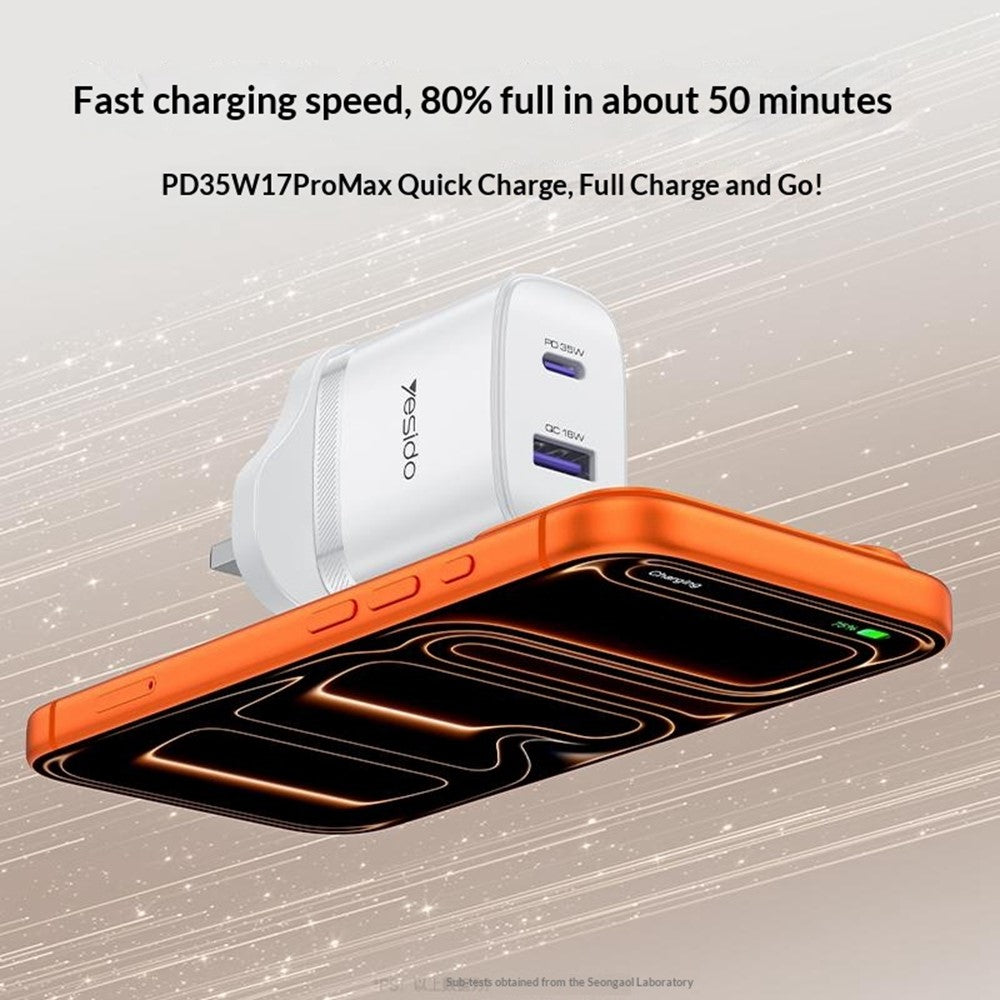 YESIDO 35W USB-C + USB-A UK Plug Fast Charger with 1m USB-C Cable