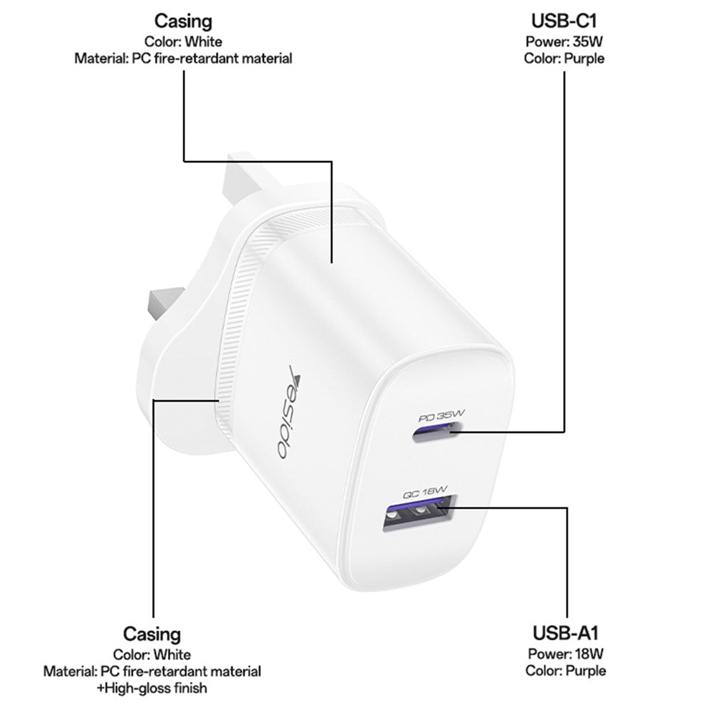 YESIDO 35W USB-C + USB-A UK Plug Fast Charger with 1m USB-C Cable