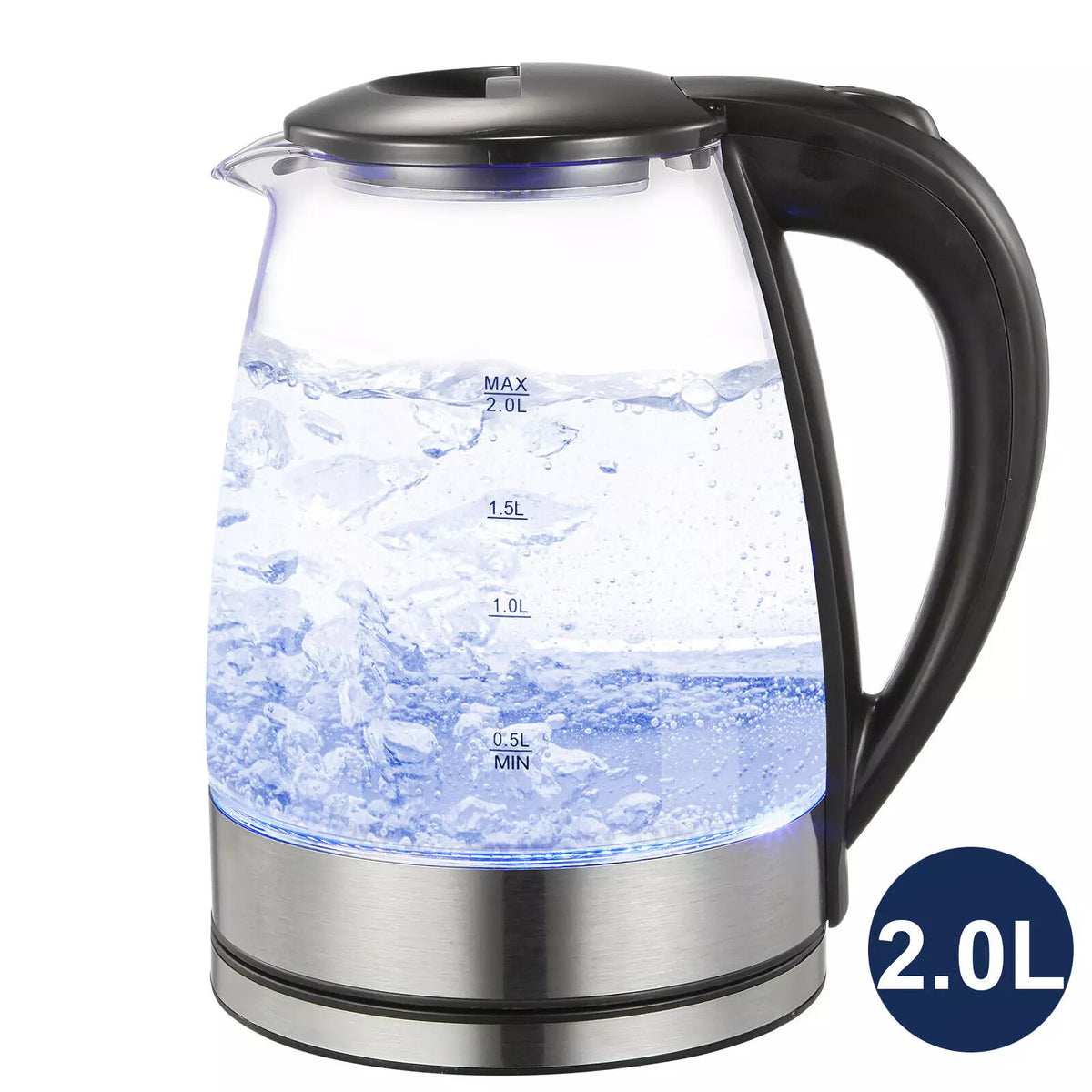 2L Glass Electric Kettle – Blue LED, Boil-Dry Protection