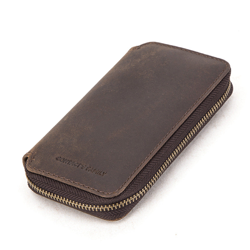 Closed brown leather zip watch case for two watches