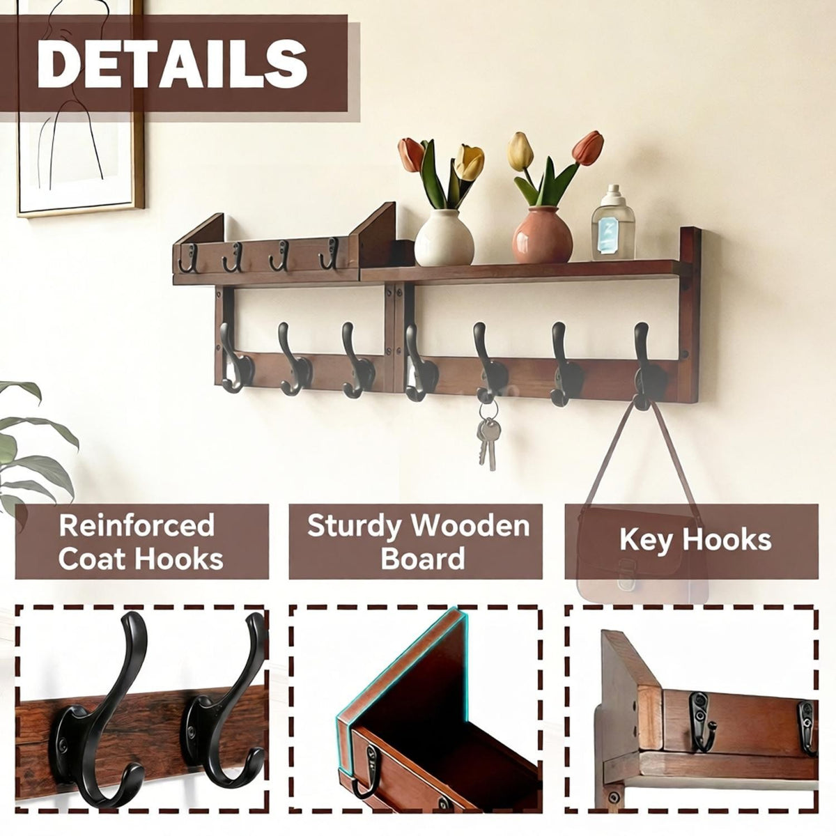 Coat Hooks Wall Mounted With Shelf Key Holder Mail – image 2