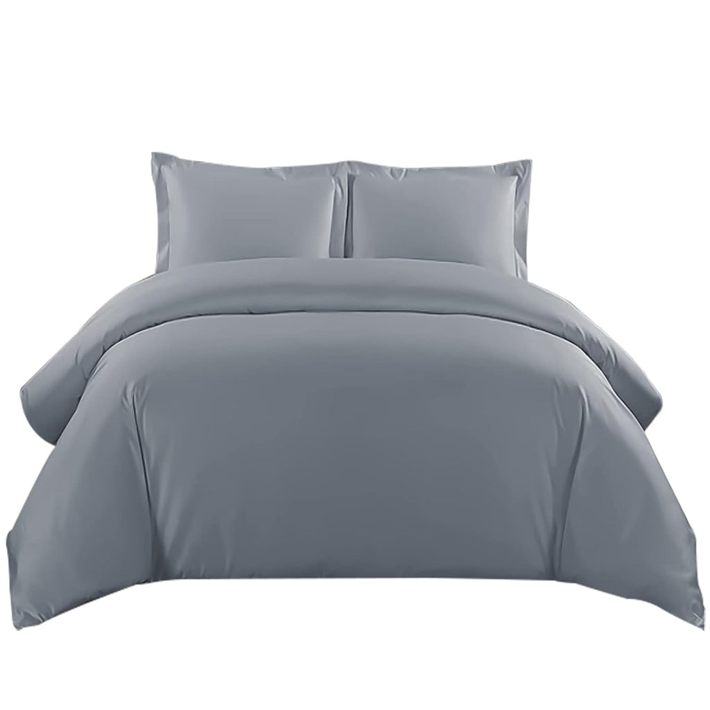Grey brushed microfibre duvet cover set with two pillowcases on a bed
