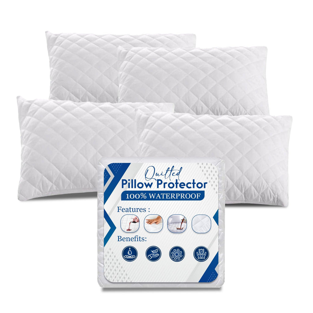 Four white quilted zipped pillow protectors with their packaging