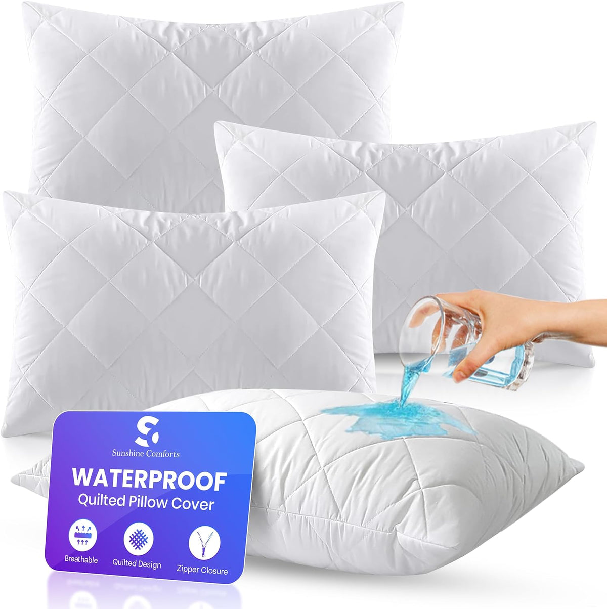 Waterproof Quilted Pillow Protectors Pack of 4 – Zipped, 50 x 75cm – image 1