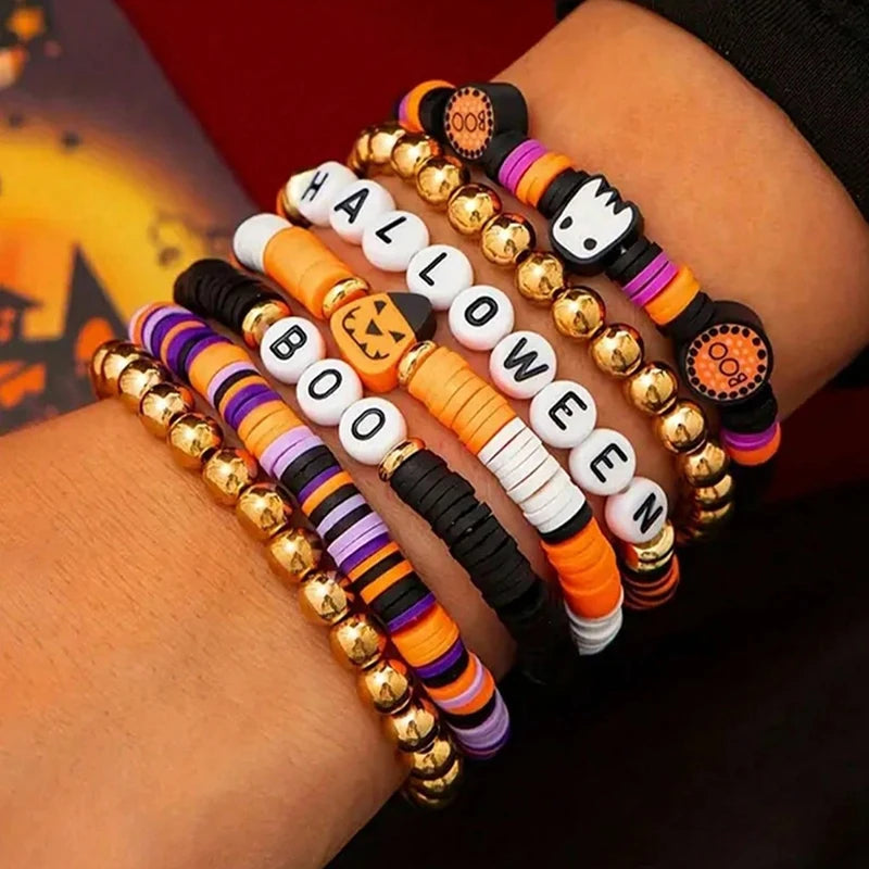 7pcs Halloween Beaded Bracelet Set Pumpkin Polymer – image 6