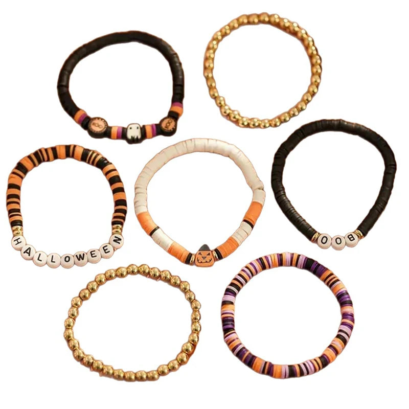 7pcs Halloween Beaded Bracelet Set Pumpkin Polymer – image 5