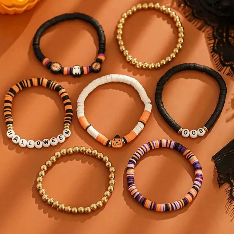 7pcs Halloween Beaded Bracelet Set Pumpkin Polymer – image 3