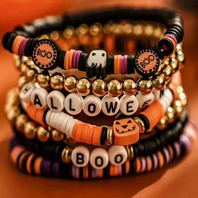 7pcs Halloween Beaded Bracelet Set Pumpkin Polymer – main image