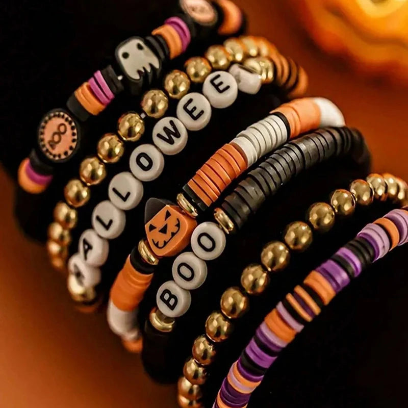 7pcs Halloween Beaded Bracelet Set Pumpkin Polymer – image 2