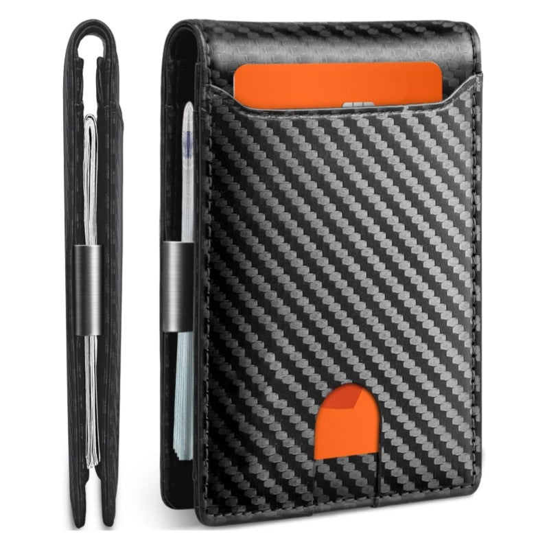 Carbon-fibre-look bi-fold wallet with orange card slot and money clip