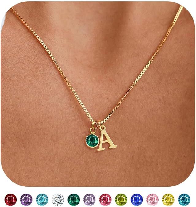 Initial & Birthstone Necklace – 14K Gold-Plated Letter Pendant