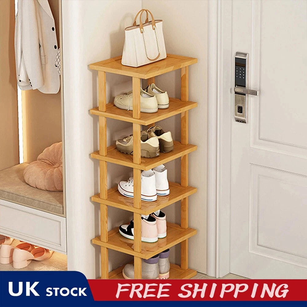 6-Tier Bamboo Shoe Rack - Vertical Space Saving Shoe Organizer Corner Shelf UK